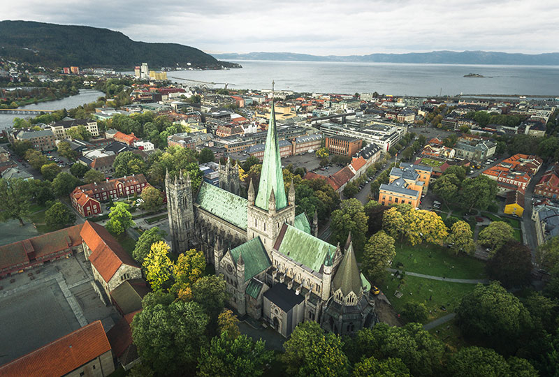 A drone shot of Trondheim city centre in Norway