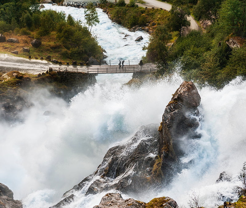 Kleivafossen waterfall near the Briksdalsbreen Glacier in Norway