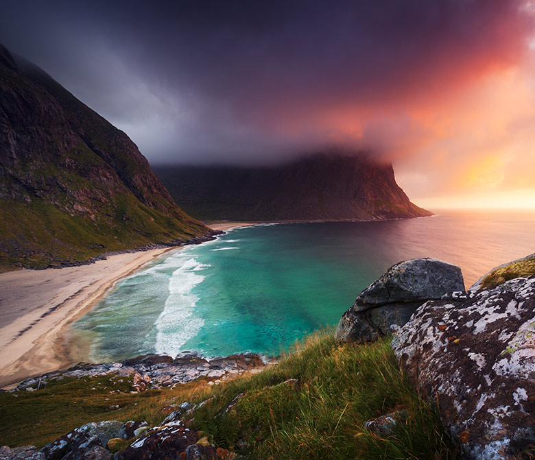 Stunning light at Kvalvika Beach in Lofoten, Norway