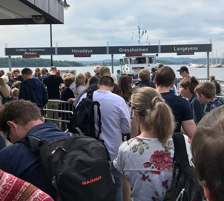 The queue for the Oslo island passenger ferries