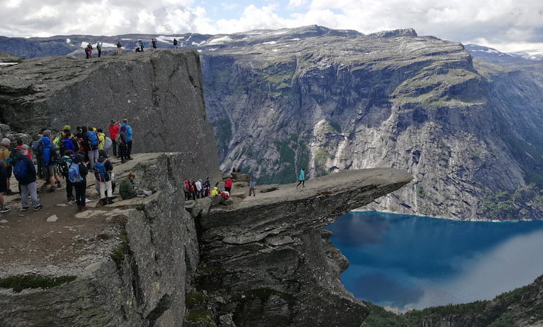 People queueing at Trolltunga in Norway for a photo opportunity