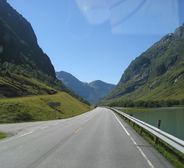 Driving along the E39 in Jolster, Norway