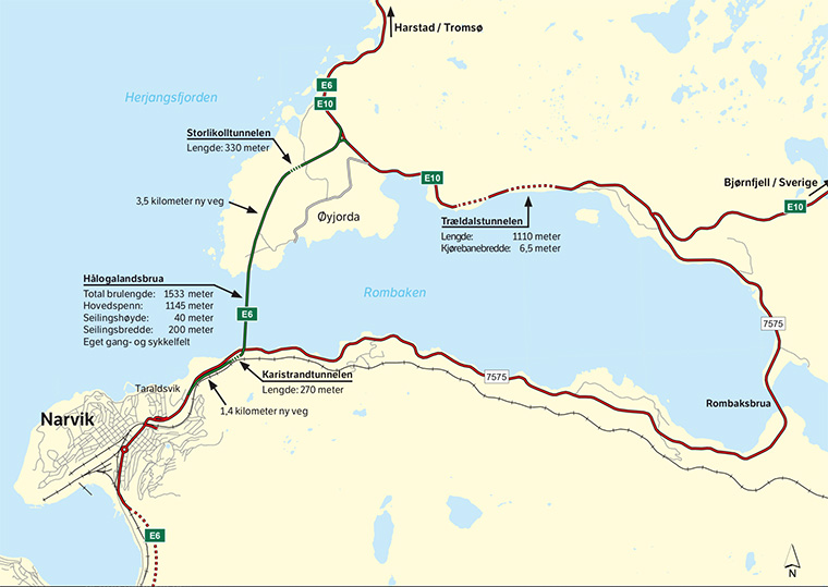 Map of new E6 Hålogalandsbrua bridge at Narvik