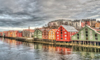 The warehouses lining the river in Trondheim, Norway