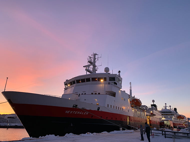 Hurtigruten ships in dock in Trondheim: MS Vesterålen and MS Nordnorge