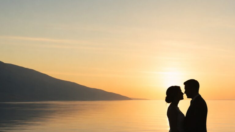 Newlyweds in silhouette by a fjord in Norway during the sunset.