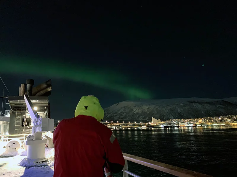 Northern lights visible from the Hurtigruten quay in Tromsø, Norway