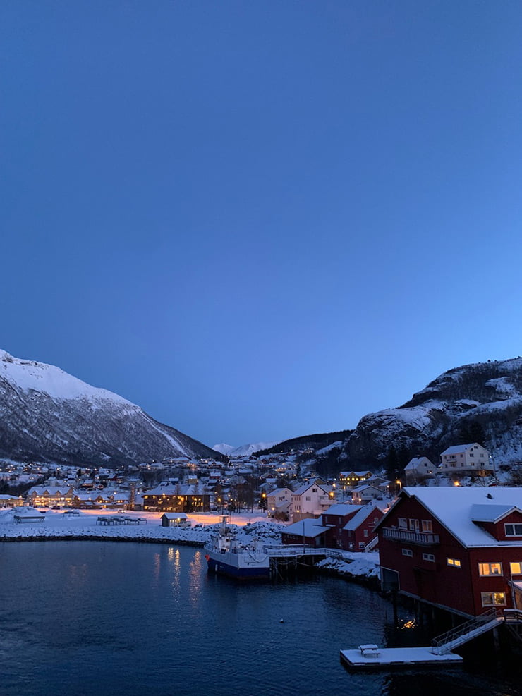 A port stop at Ørnes in Norway during the morning blue hour