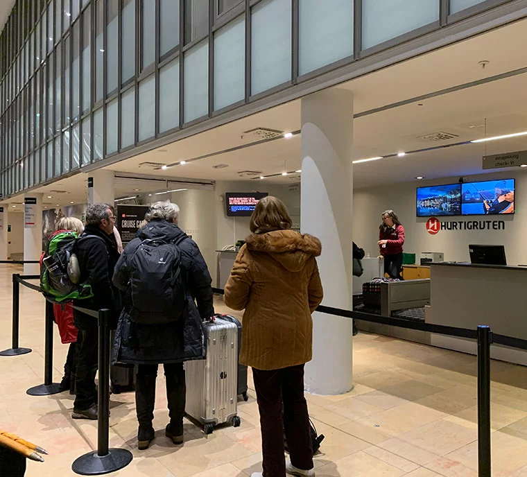 Queue to check-in to the Hurtigruten in Bergen, Norway