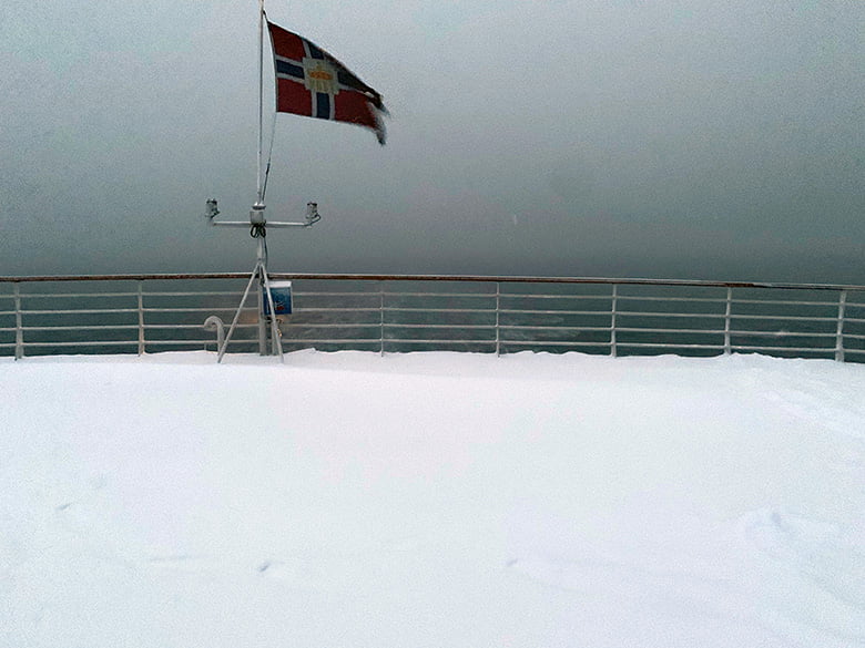 A snowy deck on the MS Vesterålen