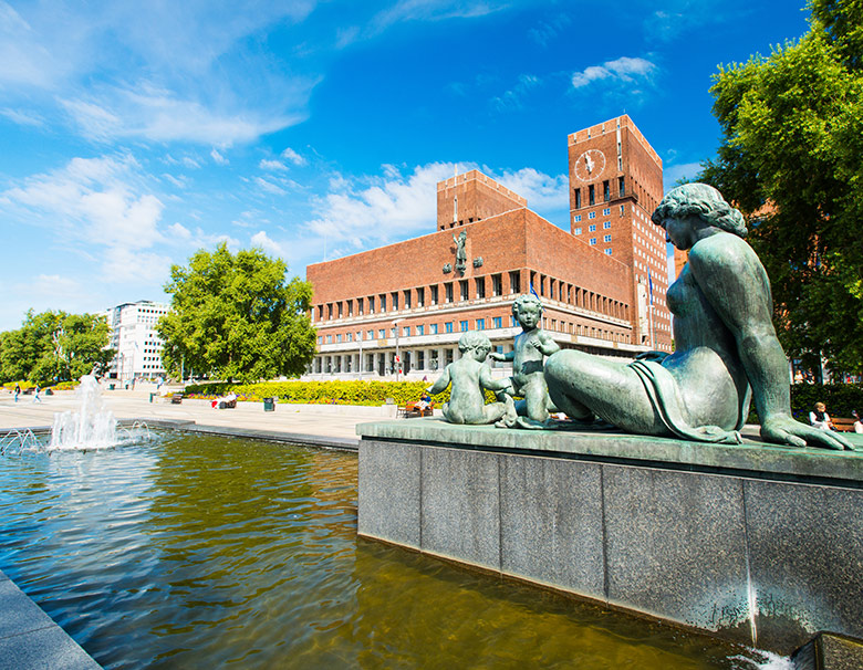 Water fountain outside the city hall in Oslo, Norway