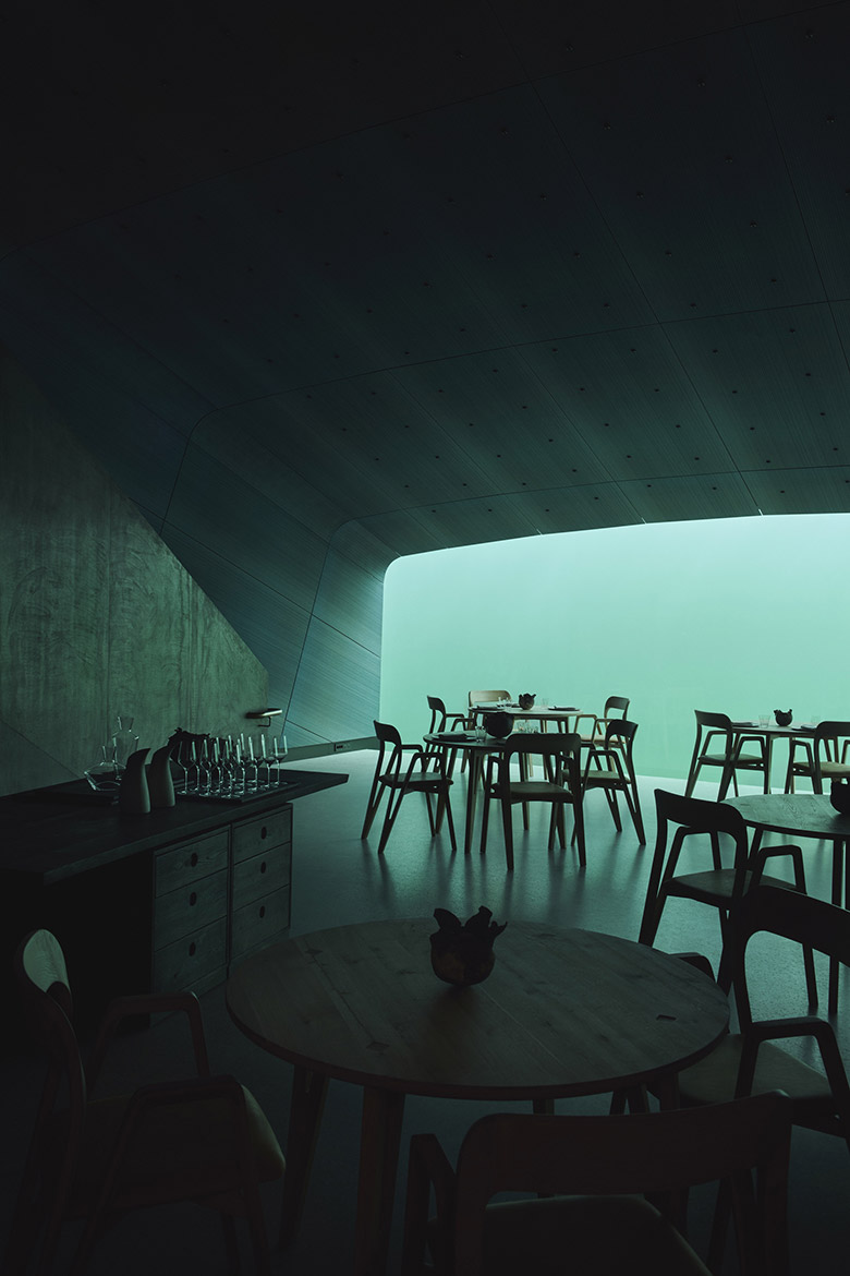 The atmospheric interior of Under restaurant in Norway