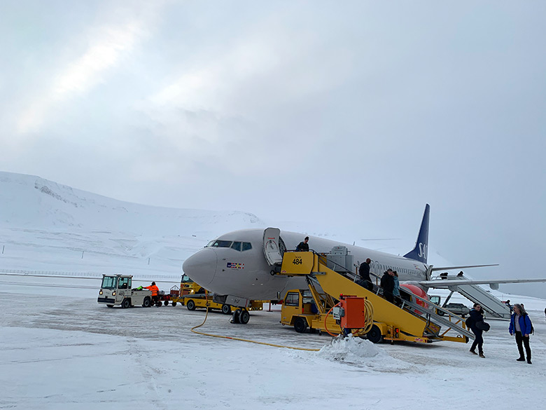 SAS plane arriving at Svalbard Airport Longyearbyen