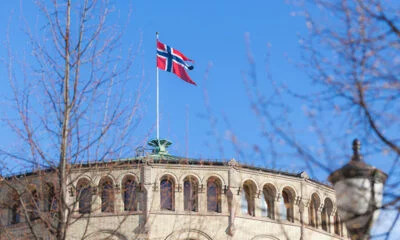 Norwegian flag on Stortinget in Oslo