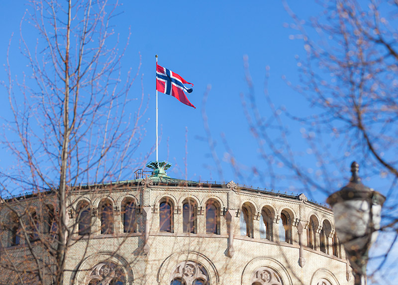 Norwegian flag on Stortinget in Oslo