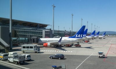 SAS planes at Oslo Airport Gardermoen in Norway