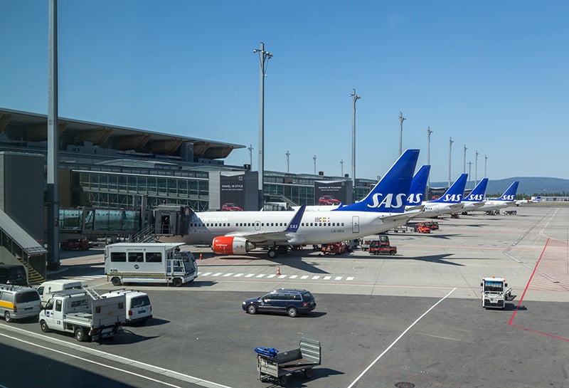 SAS planes at Oslo Airport Gardermoen in Norway