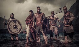 Viking raiders in the ocean