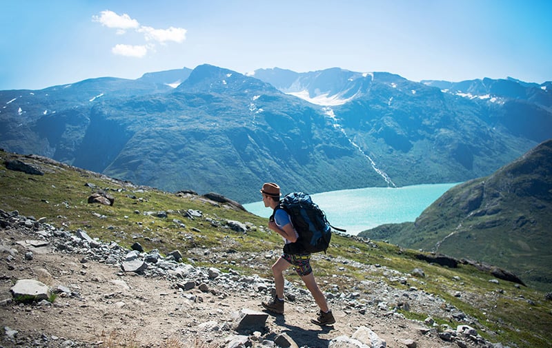 Backpacker in Norway on a hike