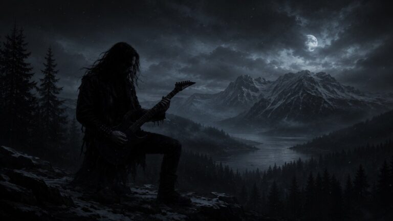 Illustration of a Norwegian black metal guitarist with an atmospheric dark Norway background.