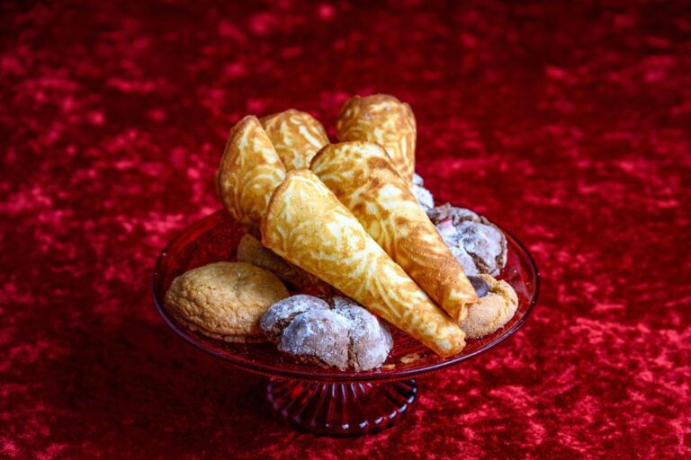 A bowl of 'krumkaker' and other Norwegian Christmas cookies.
