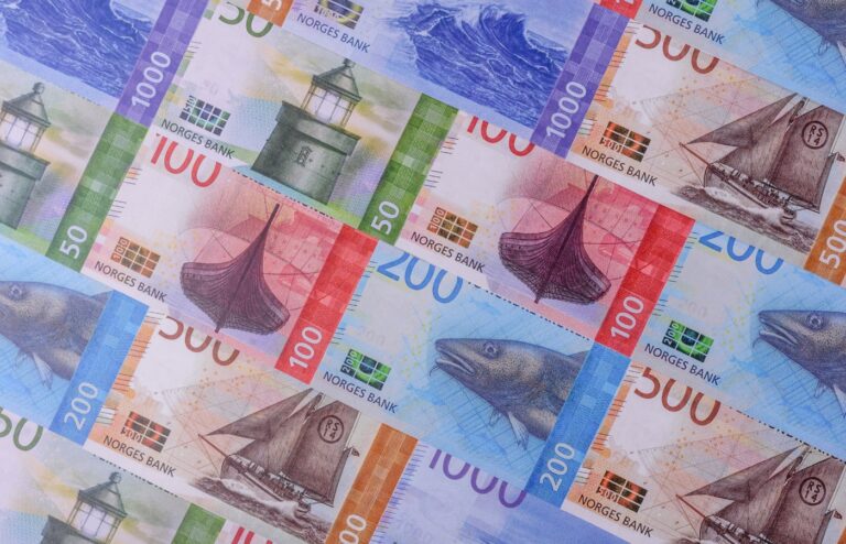 A range of Norway's colourful banknotes.