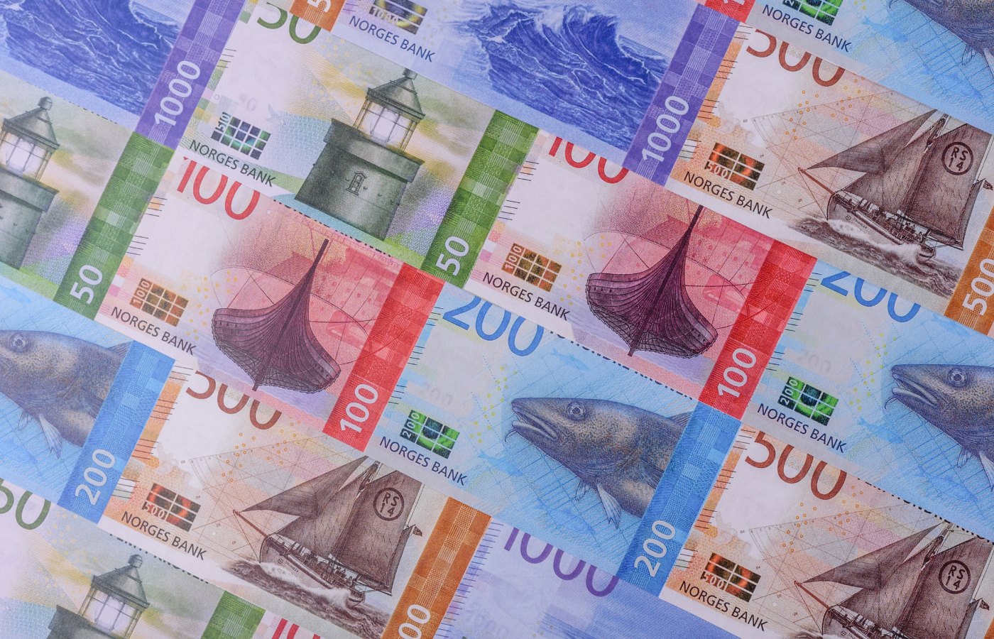 A range of Norway's colourful banknotes.