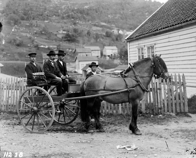 Norwegian men riding in a horse and carriage in Stryn, Norway