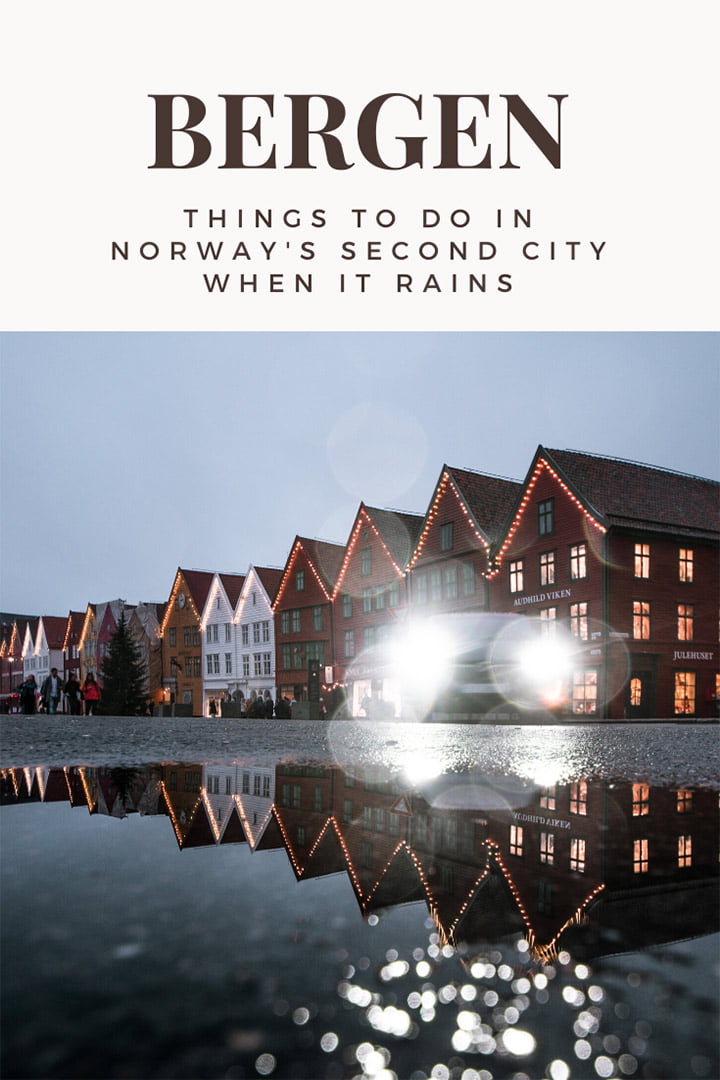 Car driving in the rain on Bryggen, Bergen