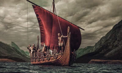A Viking ship approaching shore