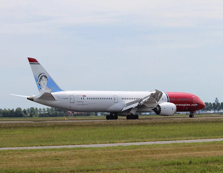 Norwegian Air Dreamliner with Jane Austen on the tail-fin