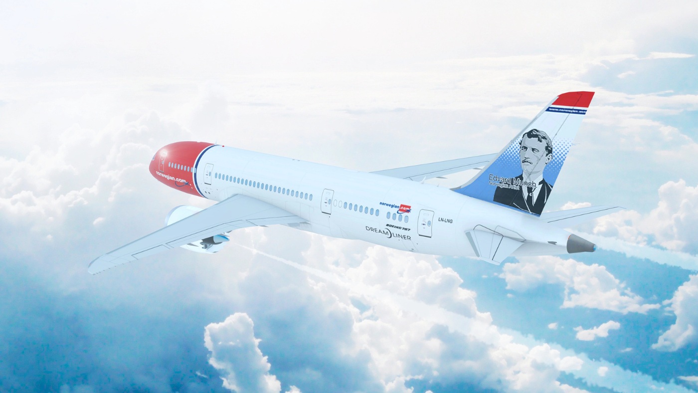Norwegian Dreamliner aircraft in flight featuring Edvard Munch on the tail fin. Photo: nextnewmedia / Depositphotos.com.