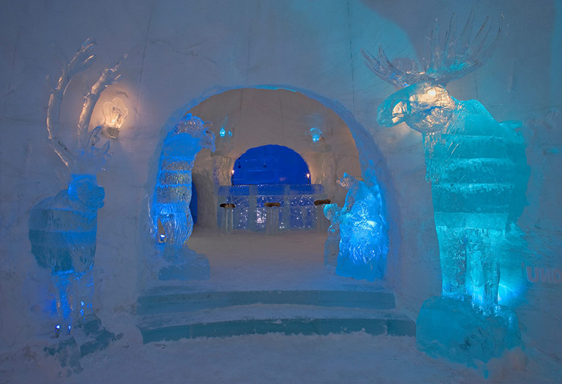 Ice sculptures inside the snow hotel