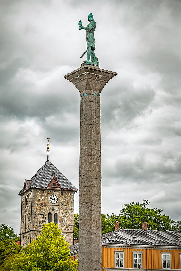 The famous Olav Tryggvason statue on Torvet, Trondheim's market square, in Norway