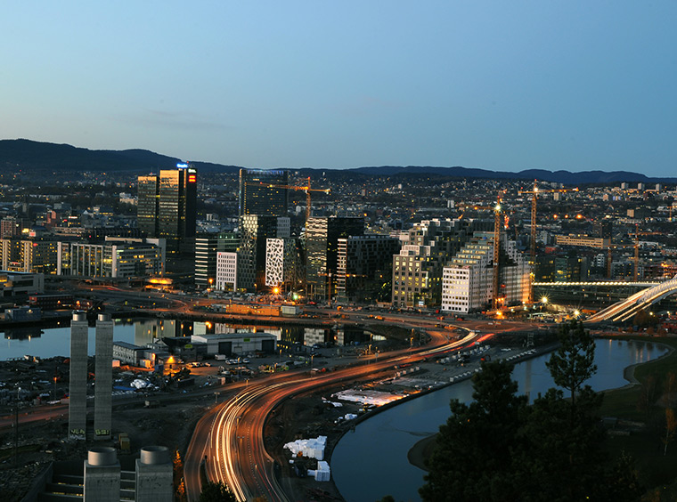 Oslo's Barcode business district from above in the evening