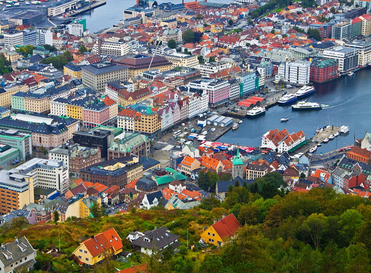 Bergen centre from above in the summer