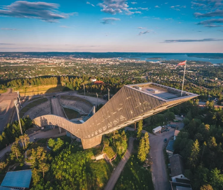 Aerial view of Holmenkollen ski jump in Oslo on a summer day