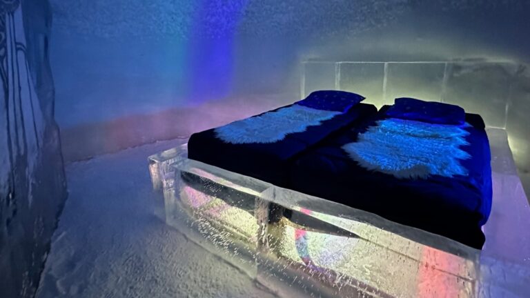 Bed of ice in the Kirkenes Snowhotel. Photo: David Nikel.