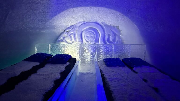 Bedroom in the Kirkenes ice hotel in Norway. Photo: David Nikel.