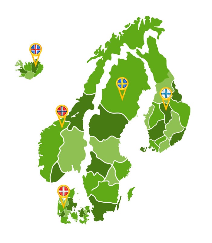Map of the Nordic region with flags