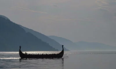 A Viking longship on a fjord in Norway