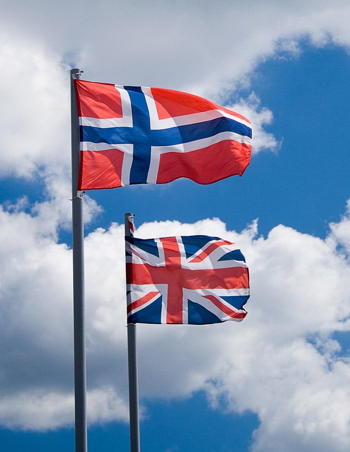 The flags of Norway and the United Kingdom