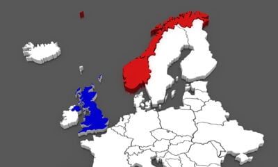 Norway and UK highlighted on a map of Europe