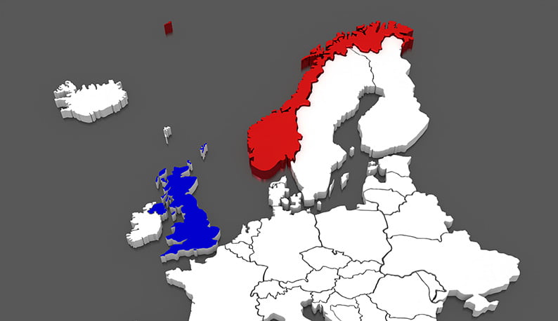 Norway and UK highlighted on a map of Europe