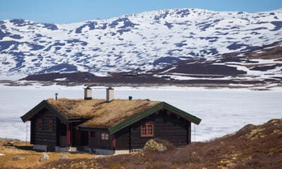 A typical Norwegian mountain cabin with a snowy backdrop
