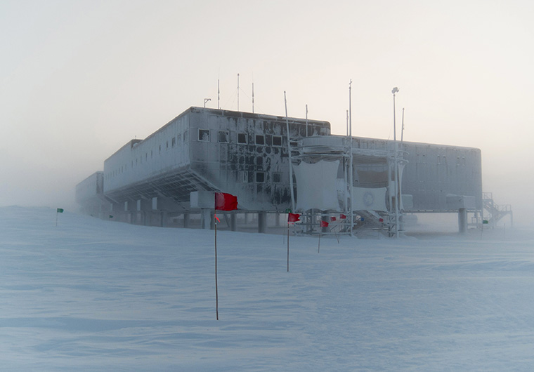 The Amundsen-Scott South Pole Station in Antarctica during a snowstorm