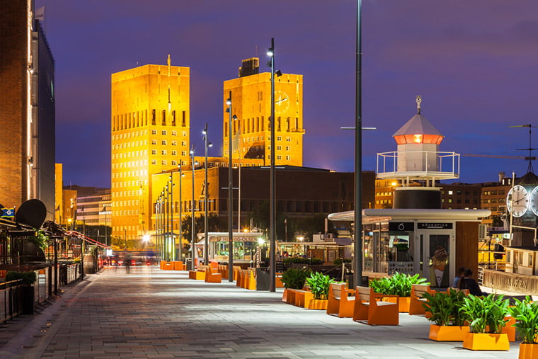 An empty Aker Brygge in Oslo, Norway