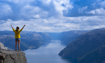 Hiker looking over the Lysefjord near Stavanger, Norway