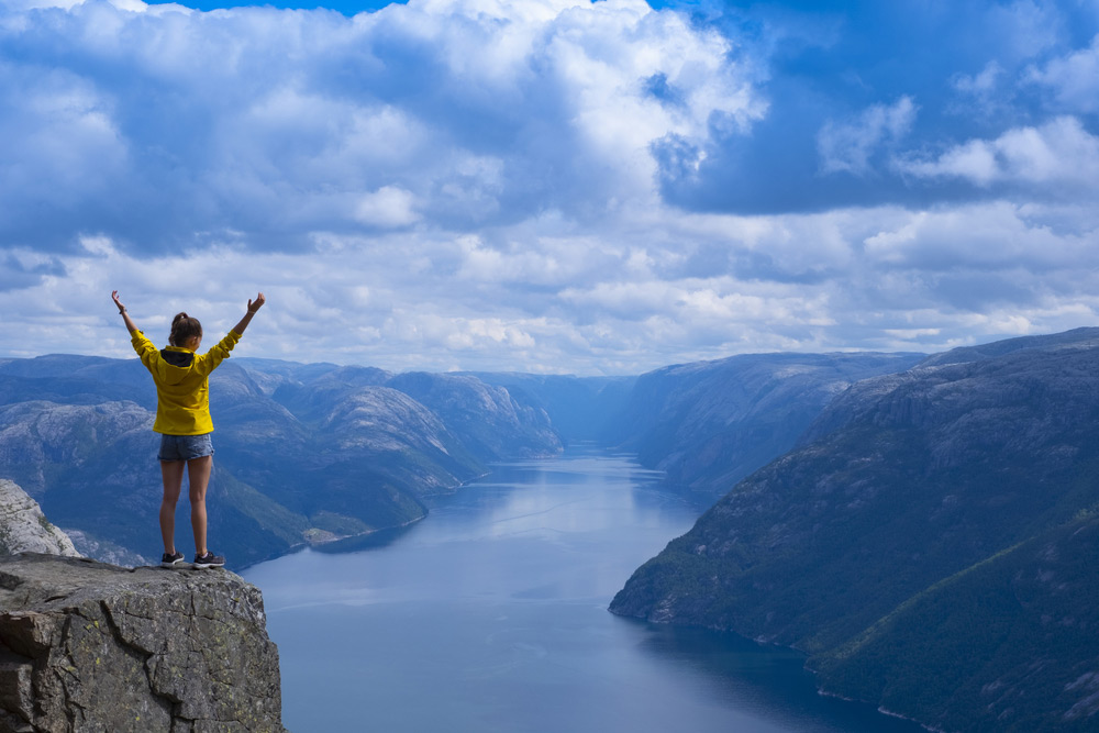 Hiker looking over the Lysefjord near Stavanger, Norway