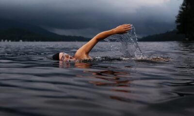 A swimmer in a Norwegian fjord
